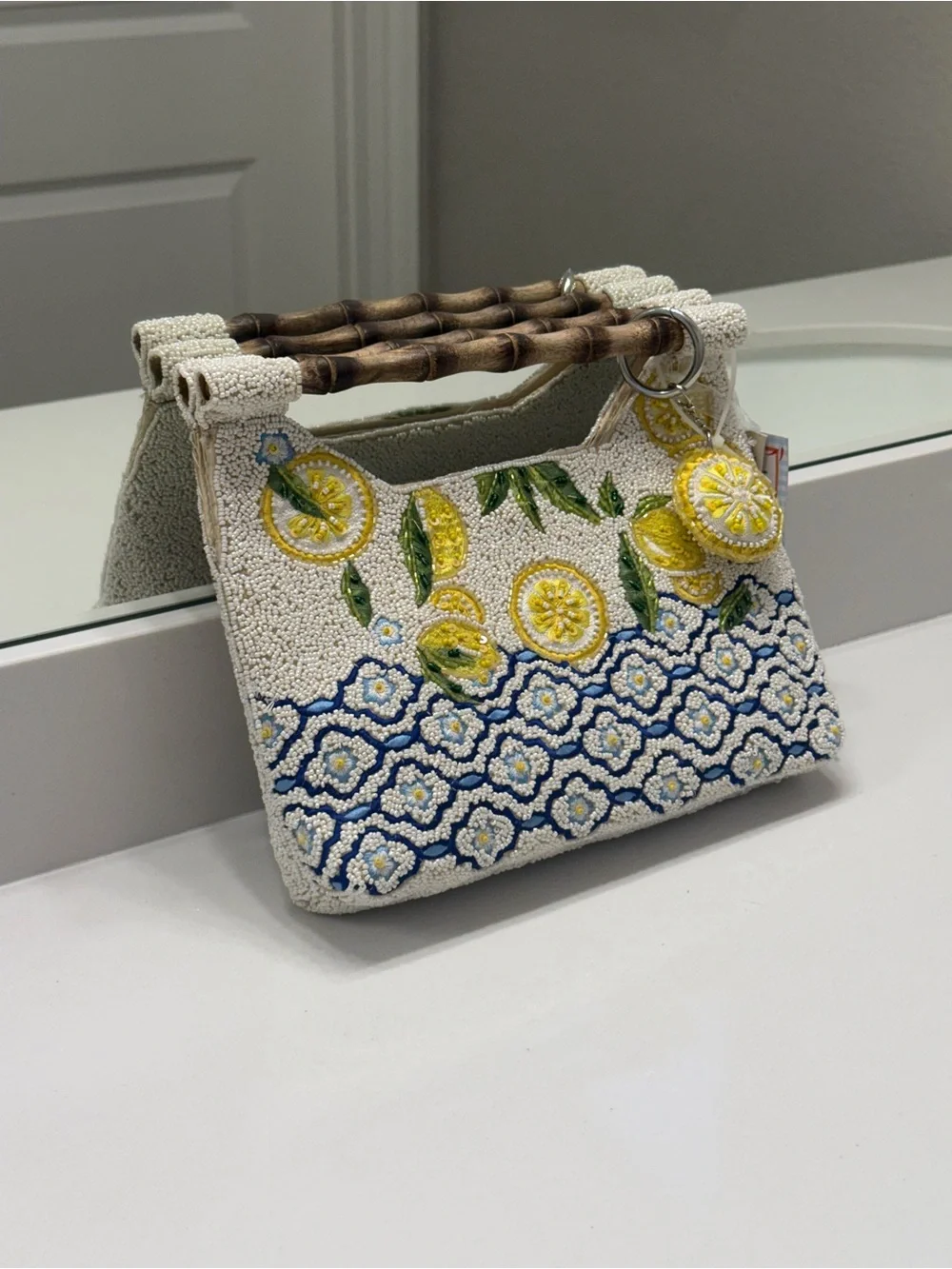 Beaded Lemon Motif Wristlet Clutch in Yellow & Blue NWT